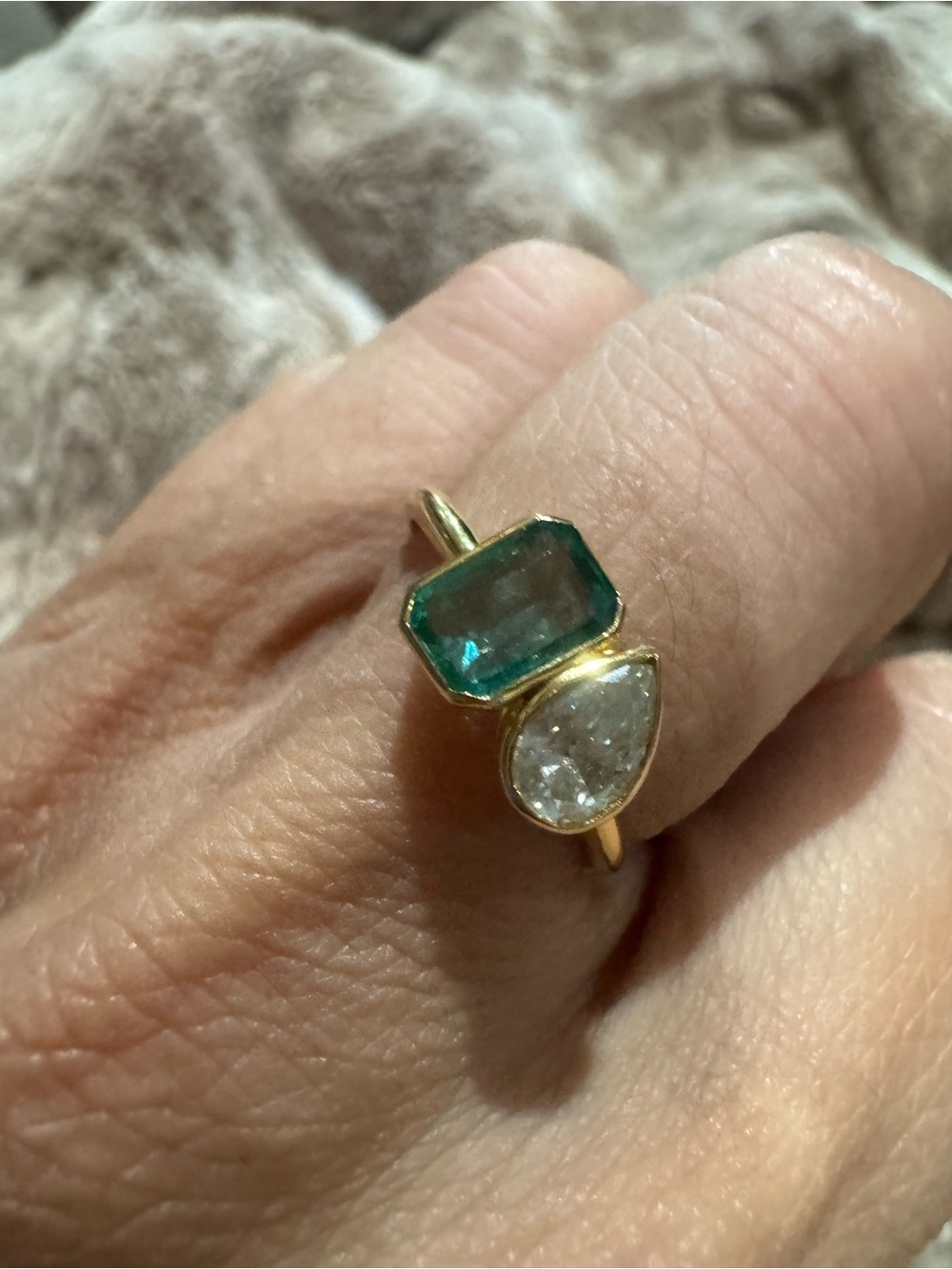 14K Yellow Gold Natural Emerald & Pear Cut Diamond Toi Et Moi Ring Size 6.5 - Picture 3 of 14